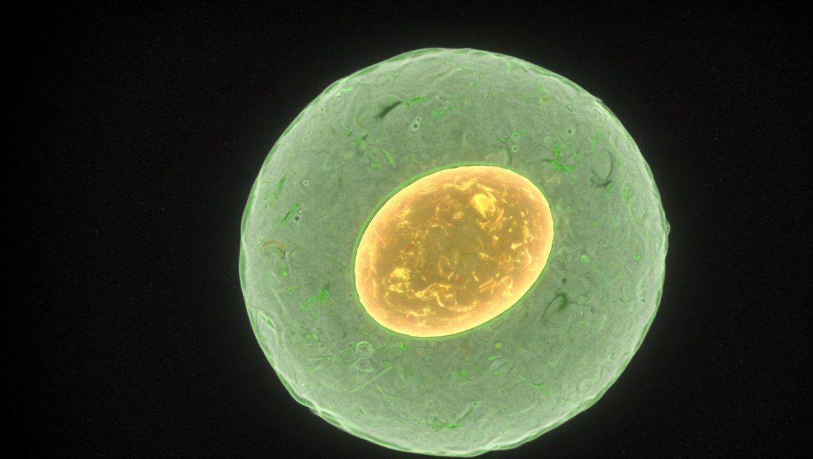 A rounded translucent green cell with a glowing gold nucleus against a black background.