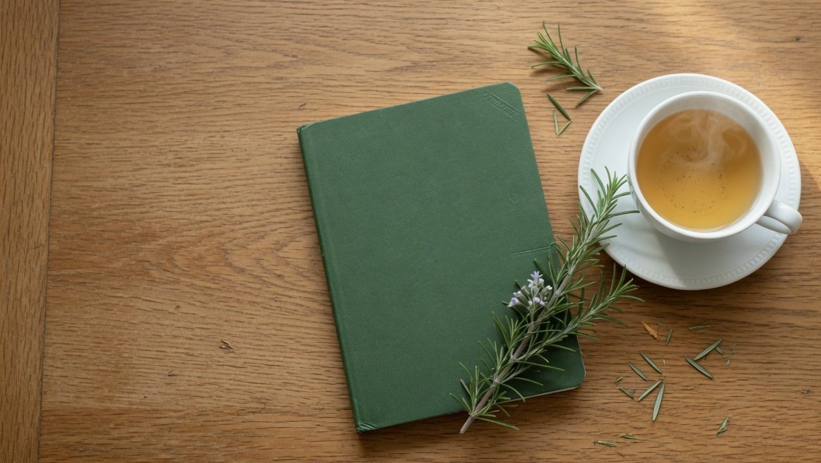 A closed green notebook, a cup of tea, and a sprig of rosemary on an oak desk.