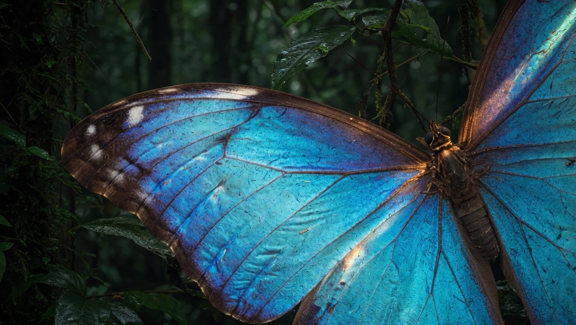 An iridescent blue butterfly resting in a wet green forest.