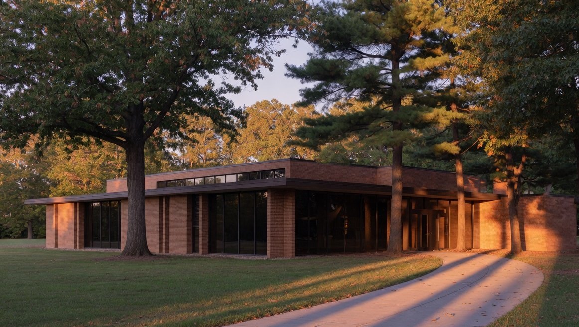 A low brick and glass building among pines, lit by late golden light, with a curved path.