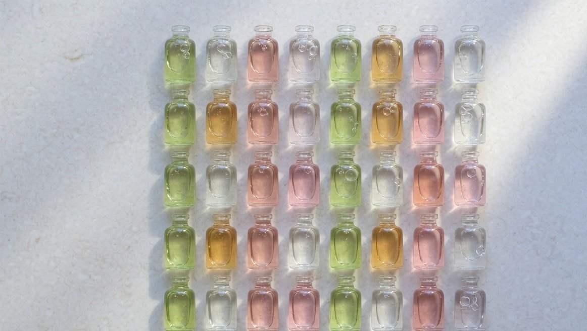 A grid of small unlabeled glass vials holding pale green, rose, amber, and clear liquids on stone.