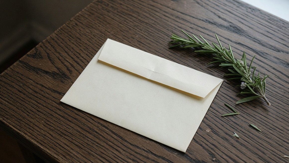 A closed cream envelope and a sprig of rosemary on a dark oak desk.