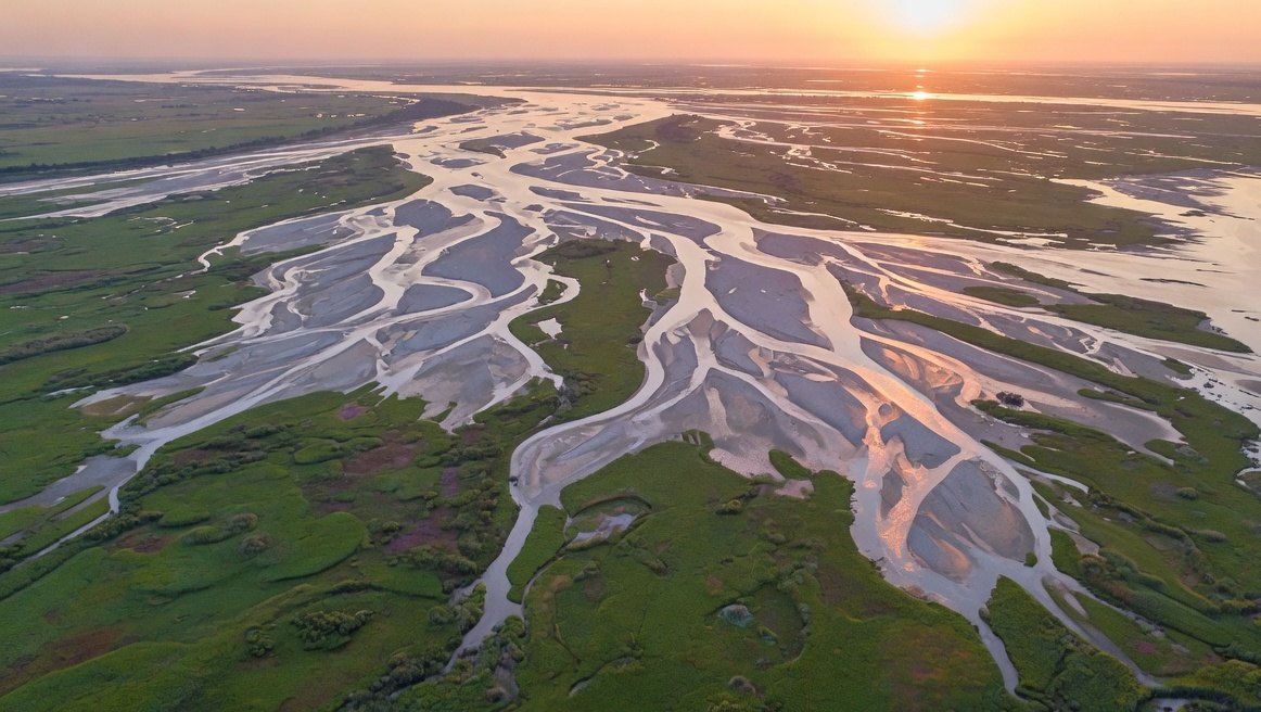 An aerial view of a braided river delta at sunrise, many pale channels through green wetlands.