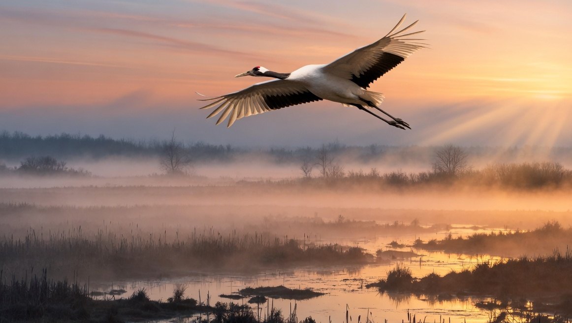 A crane in flight over a misty marsh at sunrise.