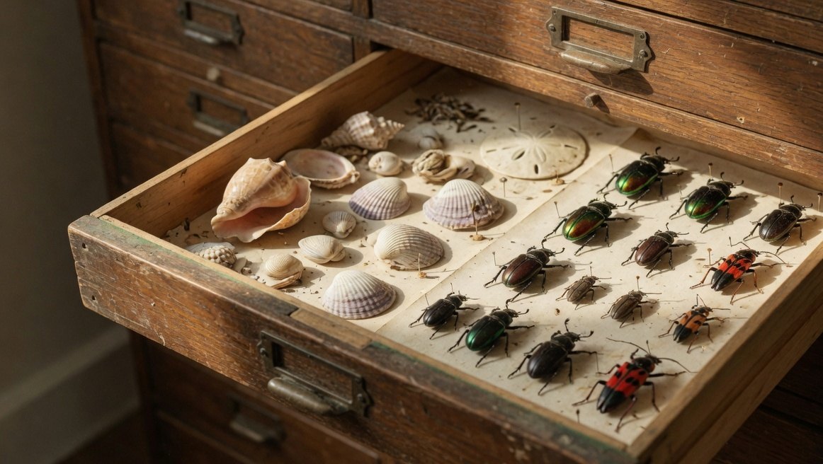 A wooden museum drawer holding seashells and pinned beetles.