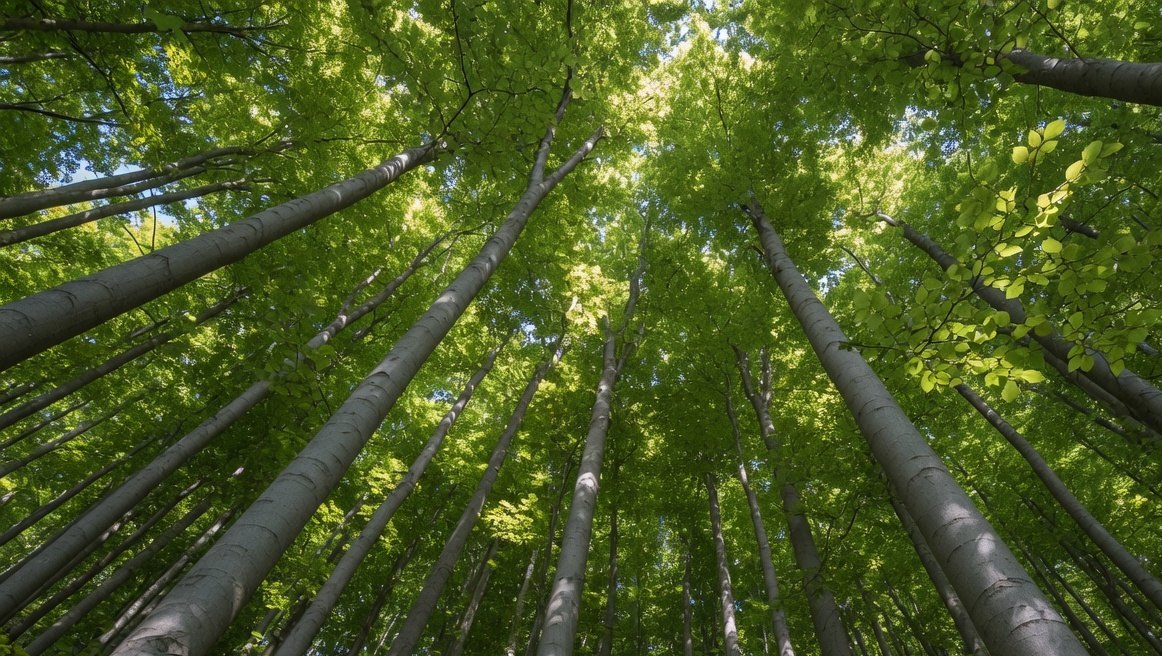 Tall beech trunks seen from below, rising into a green canopy.