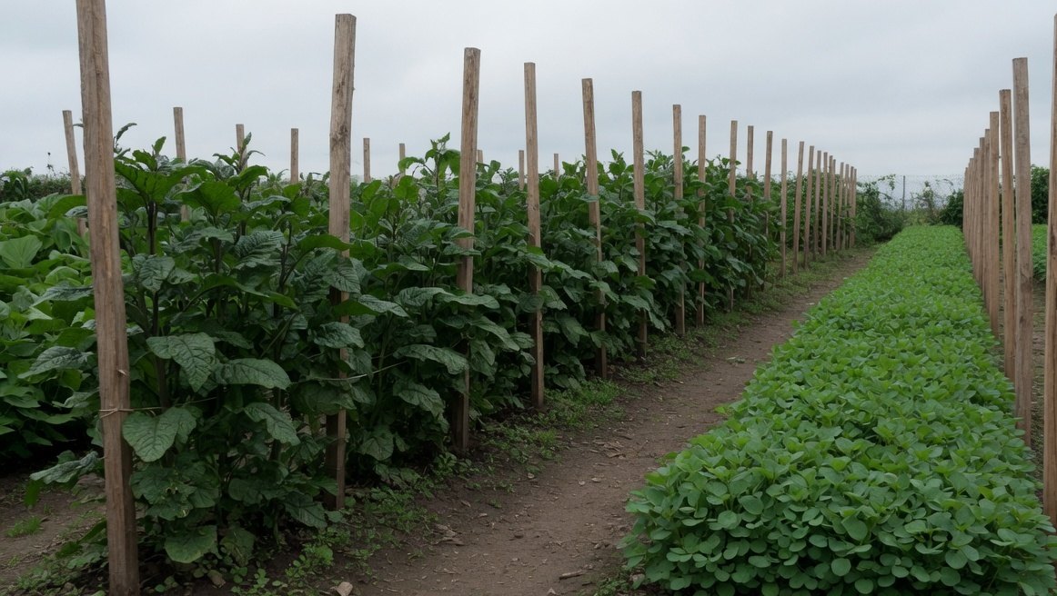 Two outdoor rows of leafy plants, one tall and one low, held by unmarked wooden stakes.
