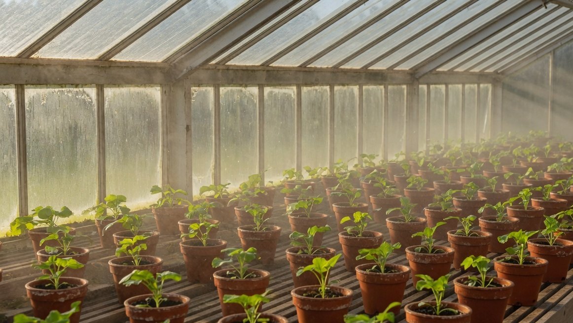 Rows of young plants in terracotta pots inside a sunlit greenhouse.