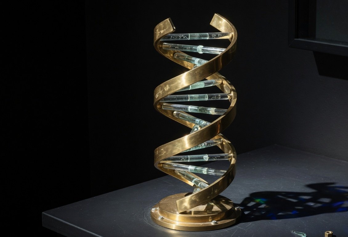 A brass and glass sculpture of a DNA double helix on a dark bench.