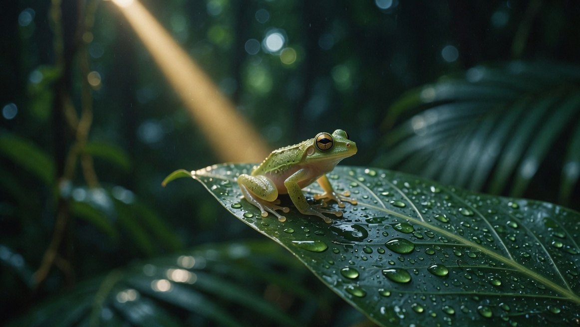 A small green frog sits on a wet leaf in a dark rainforest while sunlight falls through the canopy.
