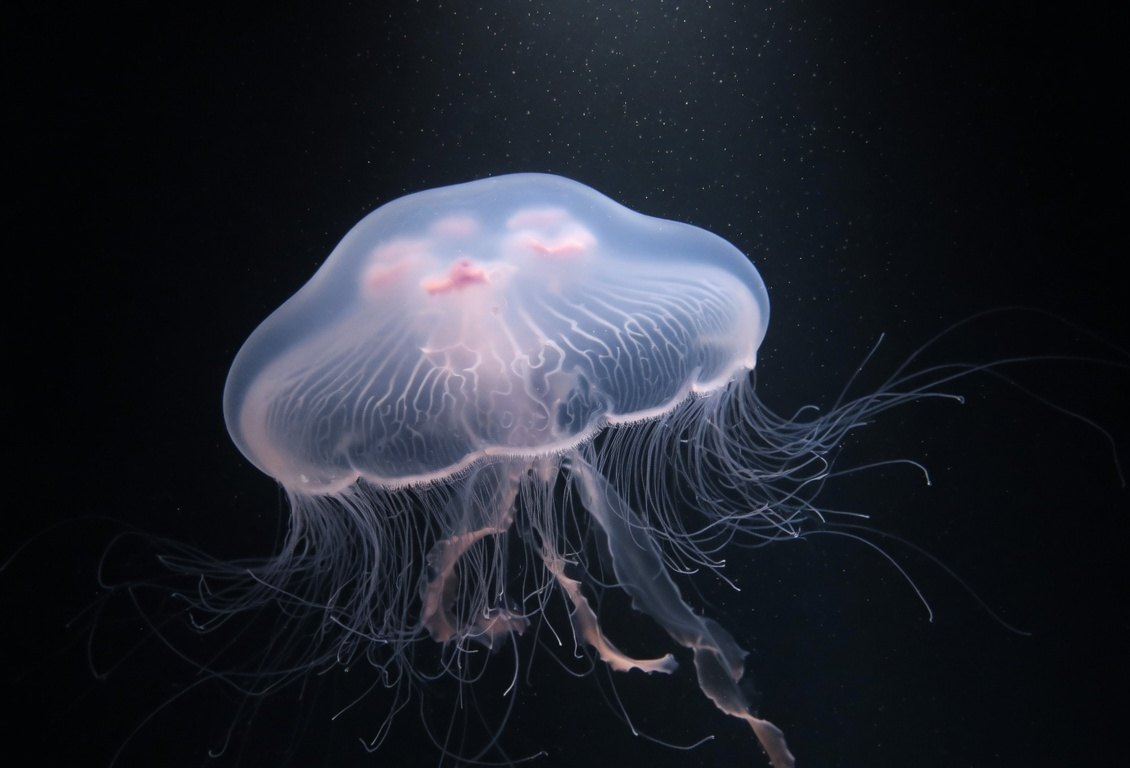 A pale jellyfish suspended in black water.