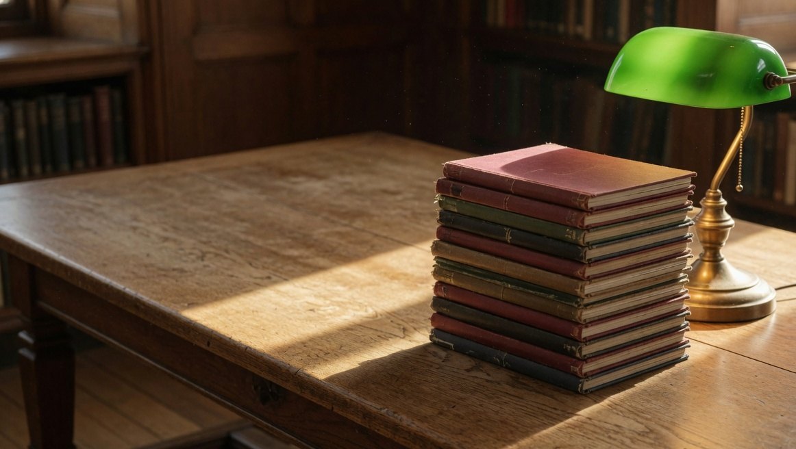 A stack of closed clothbound books and a green lamp on a library table.