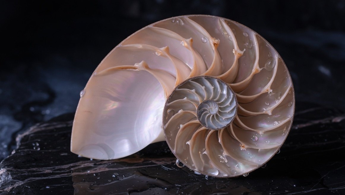 A cut nautilus shell showing its spiral chambers on wet black stone.