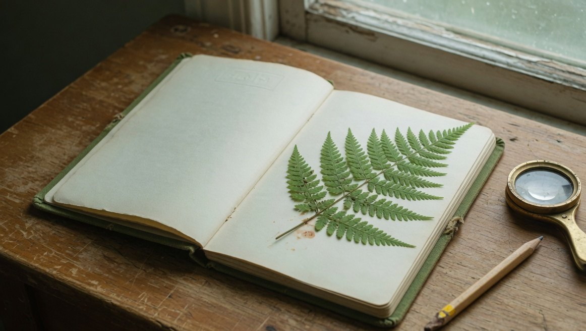 An open field notebook with a pressed fern, a pencil, and a brass hand lens on a wooden table.