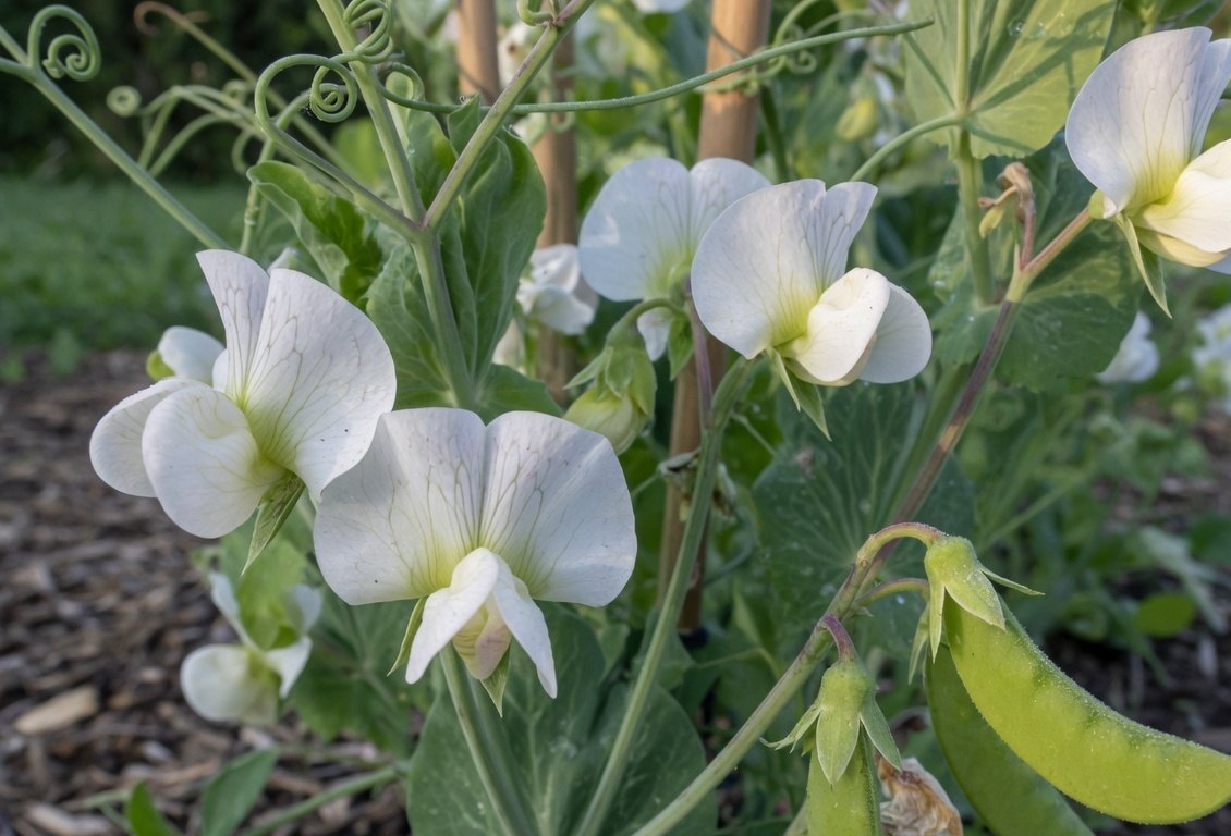 White flowers and a green pod on a garden pea plant.