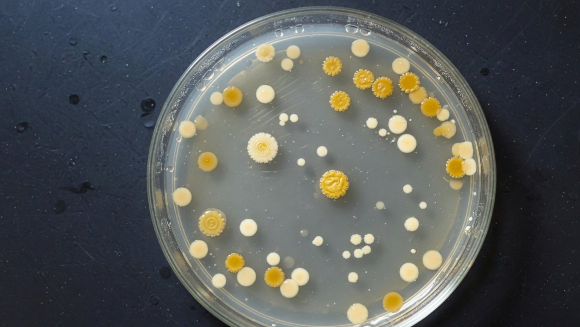 A glass dish of pale agar with scattered cream and gold colonies.