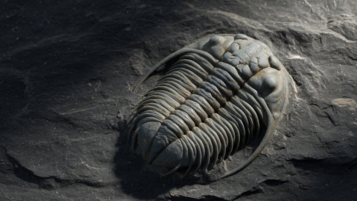A trilobite fossil lying in dark shale.
