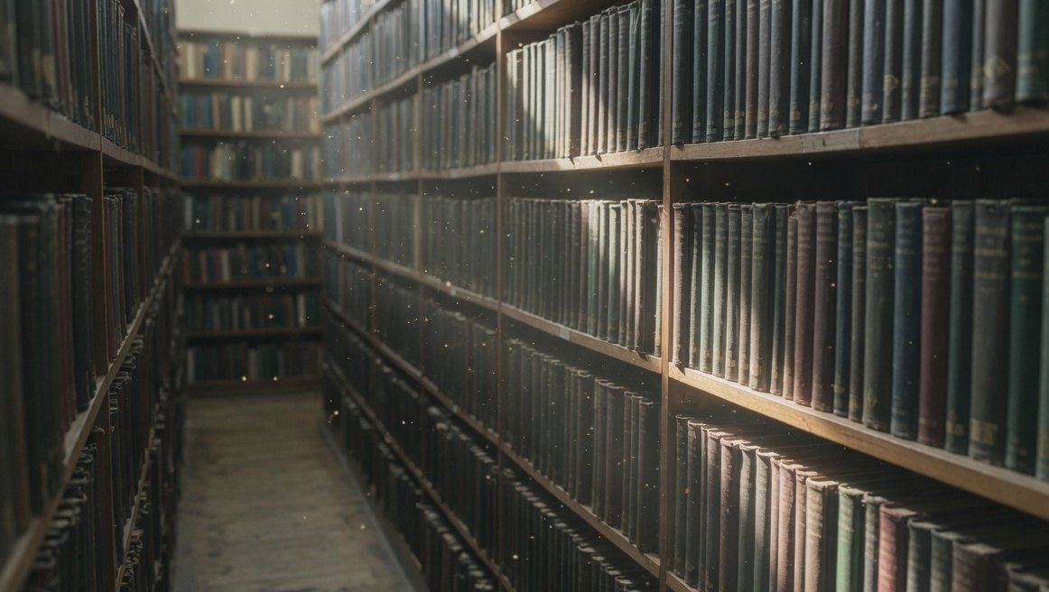 A library aisle in warm light, the book spines too soft to read.