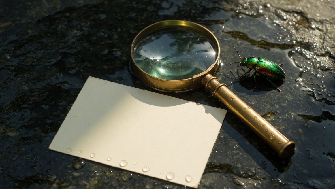 A brass hand lens, a green beetle, and a blank cream card on wet stone.