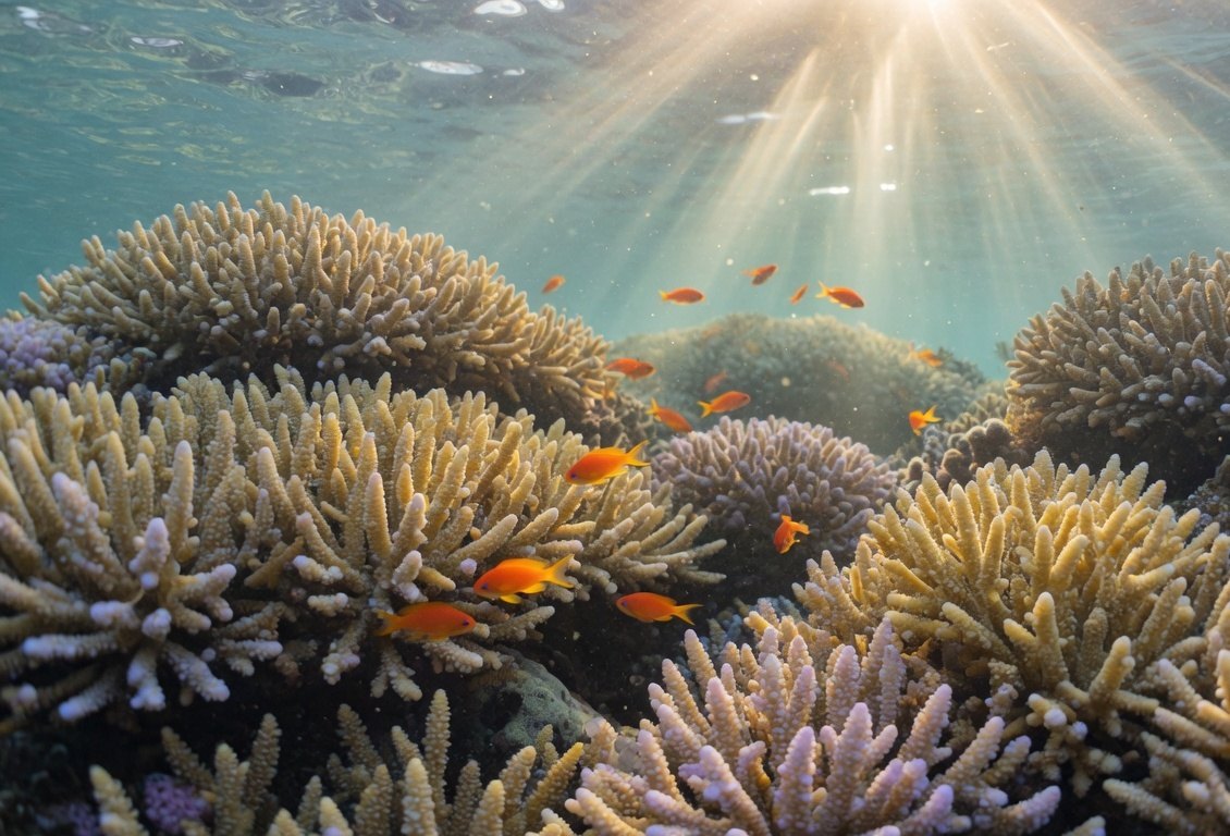 Branching coral and small orange fish under shafts of sunlight.