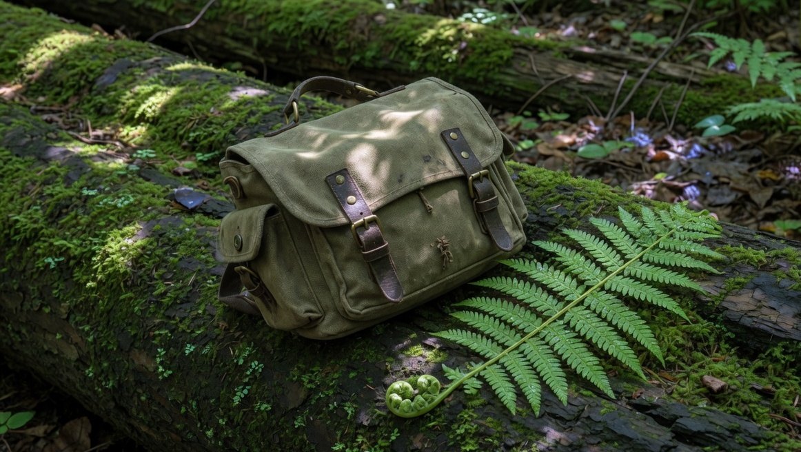 A canvas field satchel and a green fern frond resting on a mossy log.