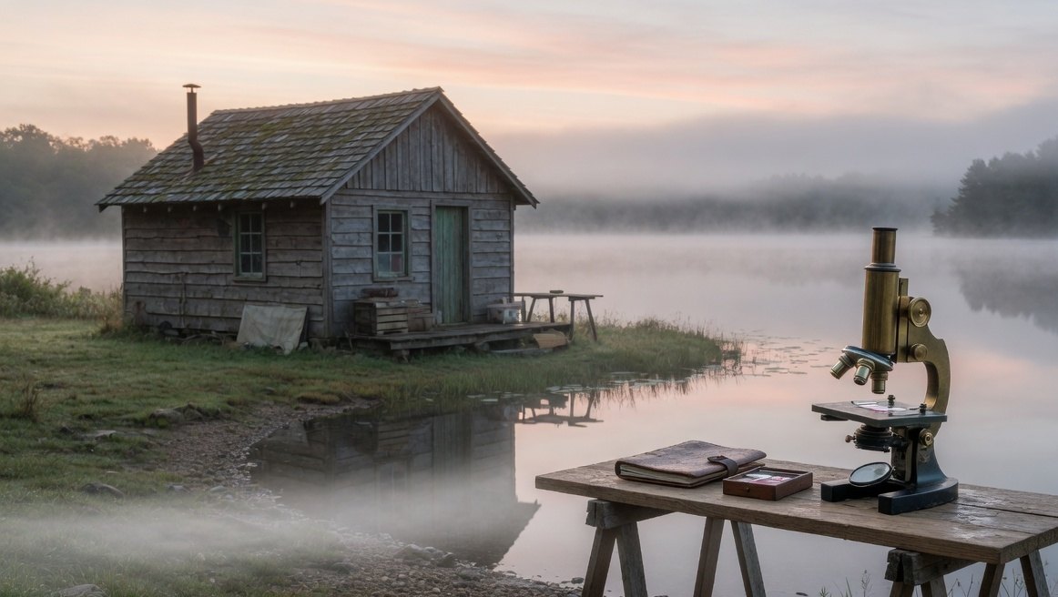 A weathered wooden cabin beside a misty lake at dawn, with a brass microscope on a table in front.