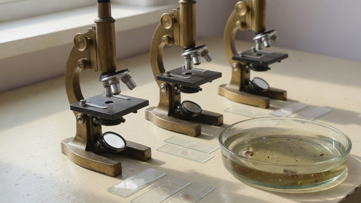 Three brass microscopes, blank glass slides, and a dish of pond water on a wooden bench.