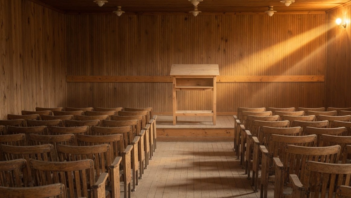 An empty wooden auditorium with a plain lectern and rows of seats.