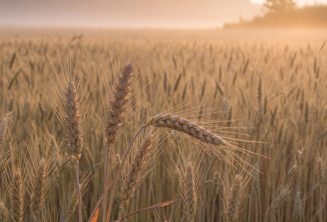 Wheat heads in a field at sunrise.