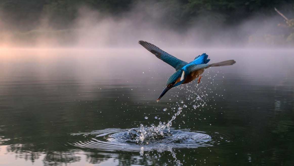 A kingfisher hovering above dark misty water, wings raised, with a splash below.